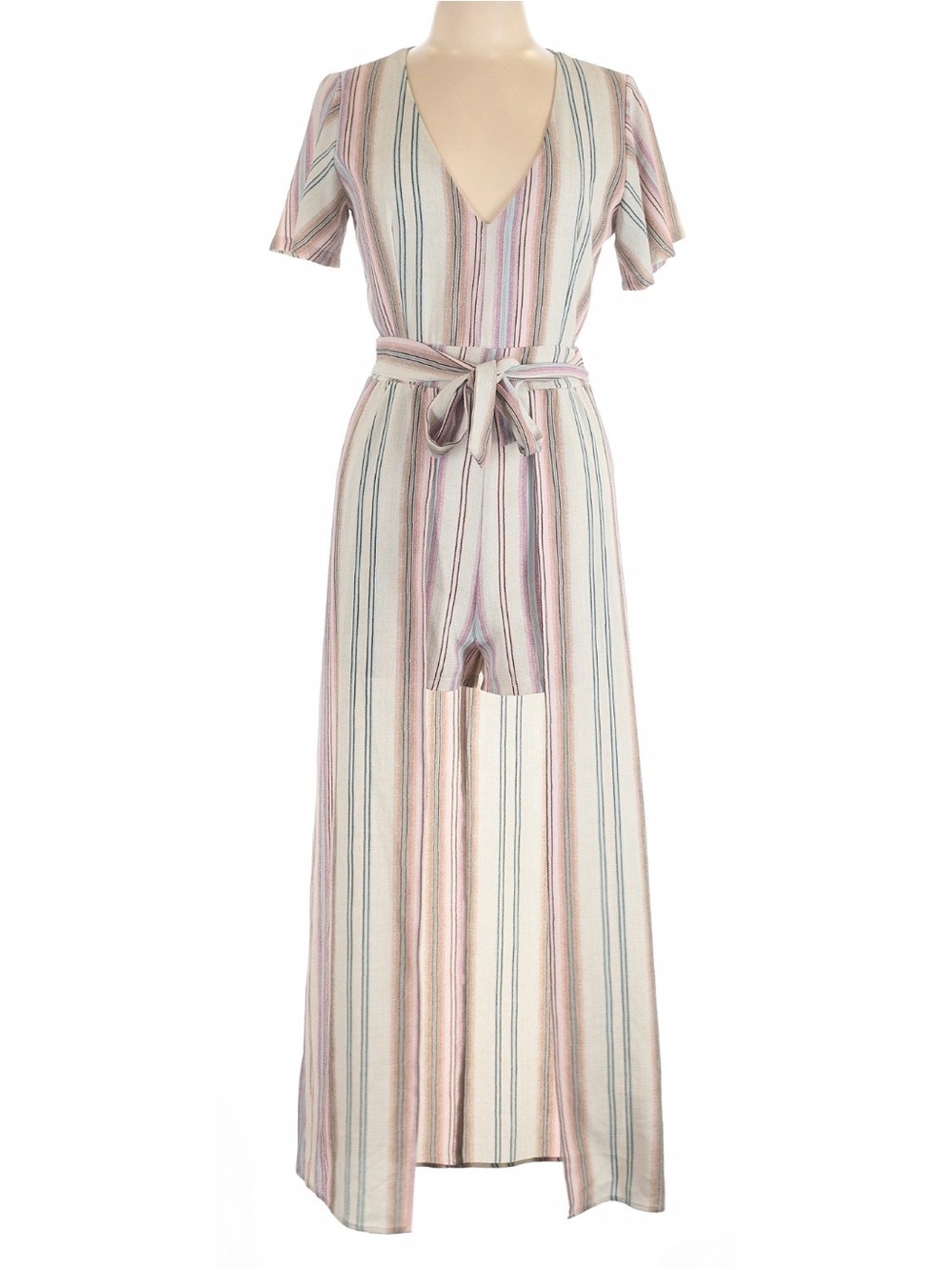 Striped V-Neck Short Sleeve Jumpsuit with Tie Waist - Pink Multi